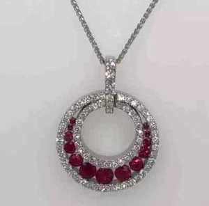 3CT Round Lab Created Pink Ruby/Diamond Women's Pendant 14K White Gold Plated - Picture 1 of 3