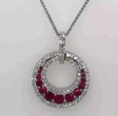 3CT Round Lab Created Pink Ruby/Diamond Women's Pendant 14K White Gold Plated - Image 1 of 3