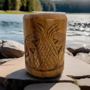Vintage Wood Mug Hand Carved Pineapple Wooden Cup with Handle No Damage - Picture 1 of 6