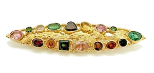Multi Gem Stone Tourmaline, Garnet, Amethyst Engraved Brooch 18k Yellow Gold - Picture 1 of 17