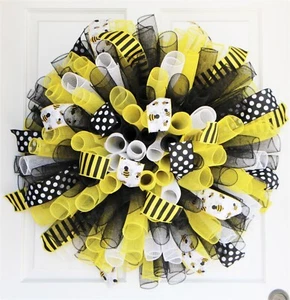 XL Curly Mesh BEE Wreath, 29” Black Yellow White Garden Front Door Decor - Picture 1 of 4