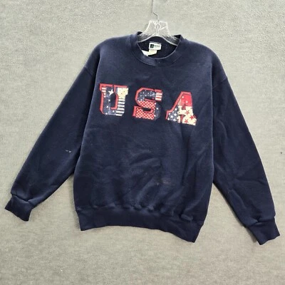 VINTAGE USA Flag Women Sweatshirt Large Blue Embroidered Crew Neck Pullover READ - Image 1 of 4