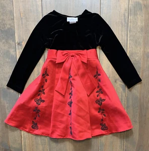 Rare Editions Girl's Long Sleeve Black Velour Red Party Holiday Dress Size: 5 - Picture 1 of 8