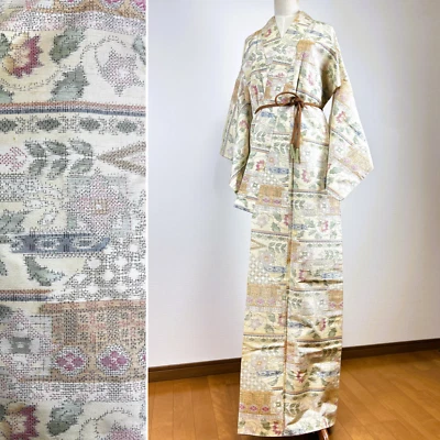 【Near Mint】antique kimono,japanese kimono ,  kimono robe,tumugi kimono,yellow - Изображение 1 из 4
