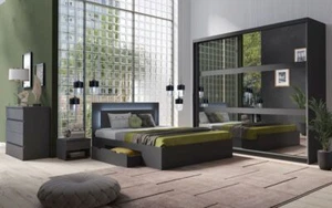 Schlafzimmer Set Finyo in Graphitgrau Bett Kleiderschrank mit Spiegel 2xNako NEU - Bild 1 von 9