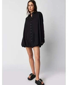 Free People Nova Shirt Dress - Bubble Hem Mini - Black - RRP £118 BNWT - Picture 1 of 14