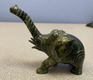 Vintage Chinese Carved Dark Green Jade with Black Speckles Elephant w Long Snout - Picture 1 of 10