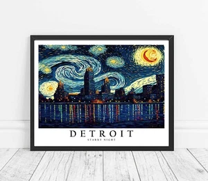 Detroit City Starry Night Photo Art Print Poster Wall Art Painting - Picture 1 of 7