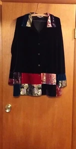 90's Notations Jacket Black Velvet Patchwork Jacquard Velvet Red Blue Gold Sz 1X - Picture 1 of 8