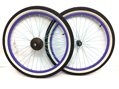 24" Bicycle Purple Wheel Set 7s Freewheel 2.125" Tire Cruiser Bike #E65 - Image 1 of 4