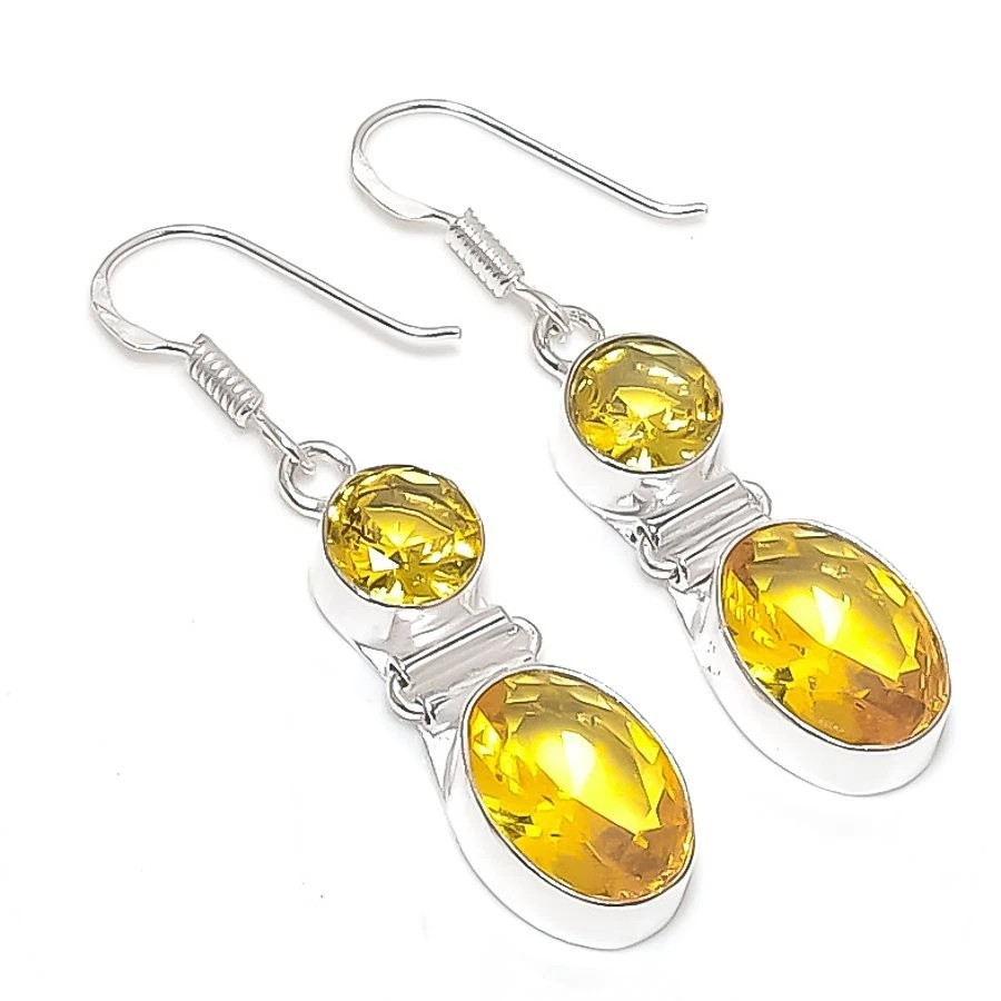 Yellow Citrine Gemstone Handmade 925 Sterling Silver Jewelry Earring Size 1.8" - Image 1 of 1