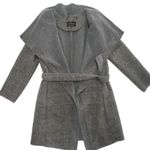 Lucky Brand Coat Womens Small Grey Plaid Houndstooth Tie Waist Jacket Midi Wool - Picture 1 of 8