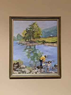 Pintura al óleo vintage paisaje fluvial adulto y niño pesca firmada D. Hakings Foto 1 de 4
