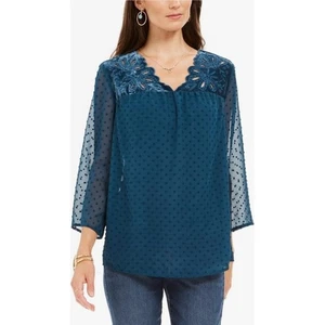 Style & Co türkis Schweizer Punkte Samtbesatz V-Ausschnitt 3/4 Ärmel Bluse Top XS neu mit Etikett - Bild 1 von 12