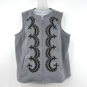 Bob Mackie Weste Damen 2X grau neu mit Etikett Artsy Fleece durchgehender Reißverschluss Stickerei reif - Bild 1 von 11