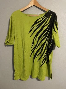 Bob Mackie Shirt Womens 1X Green Black Sequin Zebra Stripe Art Deco Tee Top READ - Picture 1 of 10