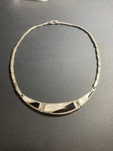 Vintage Sterling Silver Black Onyx MOP Choker Necklace - Picture 1 of 6