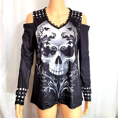 Mujer Top Gótico Calavera Negro Encaje Hombro Frío Manga Larga Halloween Espeluznante M Foto 1 de 4