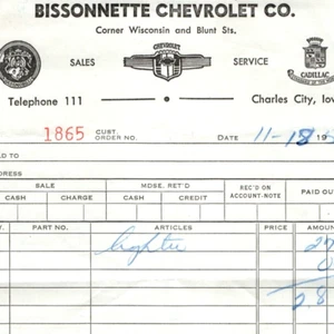 Chevrolet 1950 Charles City, Iowa Bissonette recibo auto concesionario Cadillac 5S - Imagen 1 de 3