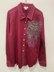 Camisa De Colección Bizzo Pecho Talla 46-48 Abotonada Roja Adornada Estampado Pistola Western - Imagen 1 de 16