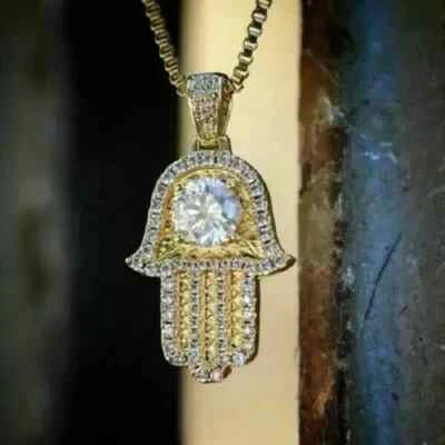 Dije colgante Hamsa mano de Fátima de diamantes talla redonda de 1 quilate acabado oro amarillo de 14 k Foto 1 de 4