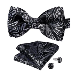 Silk Mens Bow Tie Black White Paisley Bowtie Jacquard Woven Adjustable Pre-ti... - Picture 1 of 7
