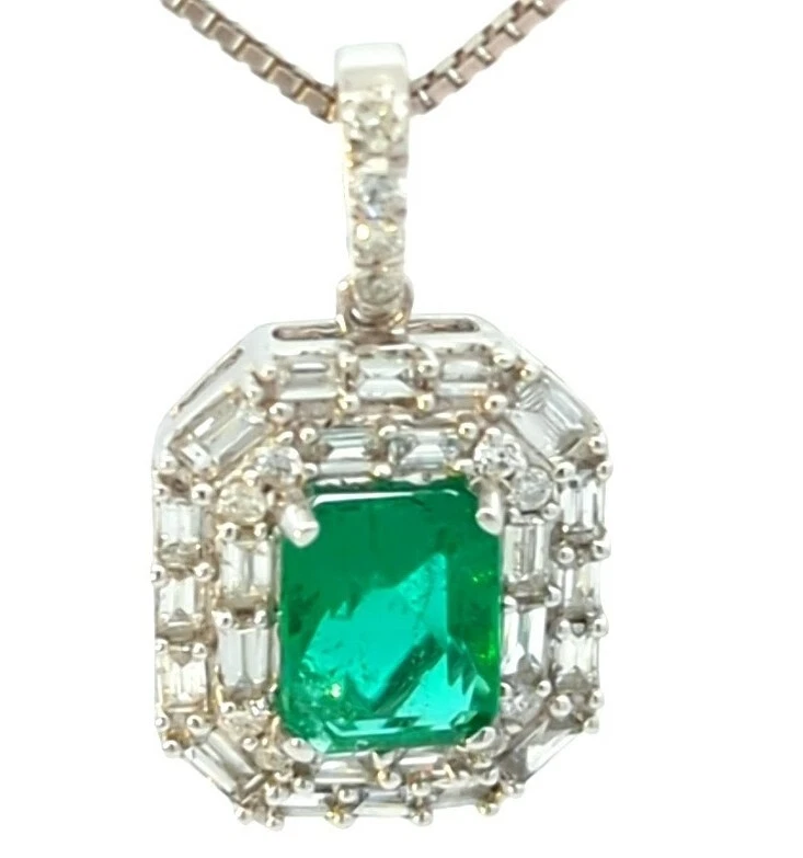 Video 1,85 quilates oro blanco macizo 14K esmeralda natural diamante halo colgante diseñador  Foto 1 de 4