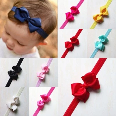 BABY TODDLER GIRL HAIR HEAD BAND SHIMMERY ELASTIC RIBBON BOW FLOWER - Image 1 of 4