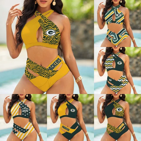 Green Bay Packers 2PCS Women's High Waisted Bikini Set Halter Push Up Swimsuit Cover
