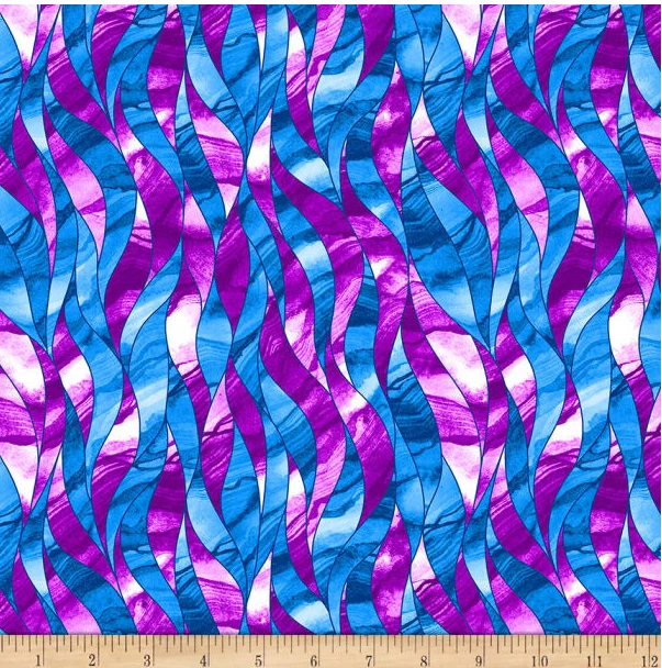 Tela de edredón 100 % algodón estampado azul líneas onduladas Aziza acolchado en blanco por yarda Foto 1 de 1