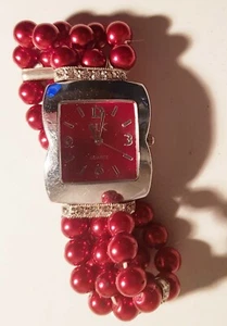 PERLENUHR HK Damen Armbanduhr mit Perlen Rot Edelsteinen Swarovski Kristall EDEL - Imagen 1 de 5