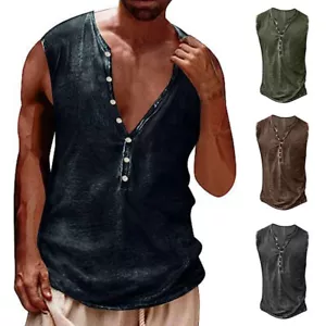 Men Button Tank Top Workout Casual Muscle Tee T-Shirt Sleeveless Gym Sports Vest - Picture 1 of 17