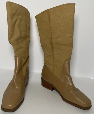 Markon Suela Womens Tan Suede Leather Tall Boots 10 M Floral Embossed Brazil - Image 1 of 4