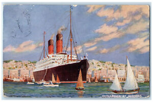 c1910 Cunarder at Algiers Steamship Sailboat Scene Algeria Antique Postcard