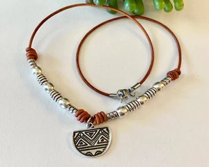 Tribal Leather Necklace With Half Circle Pendant - Picture 1 of 1