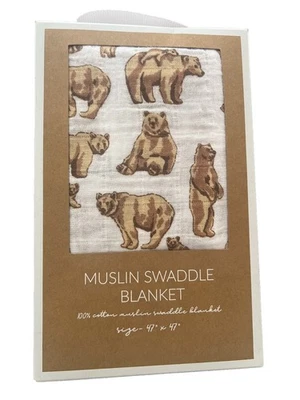 Manta Mud Pie Muselina 47 X 47 Marrón Mamá Oso y Bebé Estampado Blanco Nueva Foto 1 de 2