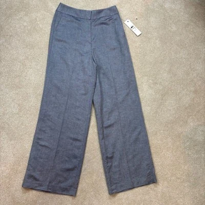 Calvin Klein Whitney 裤子亚麻混纺浅蓝色灰色阔腿裤 12 码全新带标签 — 第 1/4 张图片