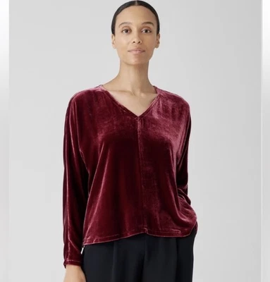 全新带标签 Eileen Fisher 天鹅绒 V 领上衣,小号 — 第 1/4 张图片