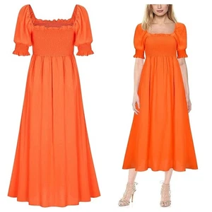 Maxi Vestido Boho Campesino UIMLK Talla Mediana M Naranja Cuello Cuadrado Manga Abullonada - Imagen 1 de 11