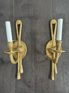 2 Vintage Gold Tone Gilt Rope & Tassel Single Arm Metal Wall Sconces 14.5"x3.75" - Picture 1 of 7