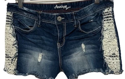 Amethyst Jeans Shorts 13 Cute Stretch Denim Crochet Lace Trim Factory Distressed - Image 1 of 4