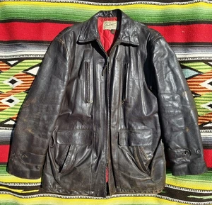 Chaqueta de cuero marrón forrada de cuero de caballo Sears Hercules de la década de 1950 - Tiradores de garra - Pátina - Imagen 1 de 13