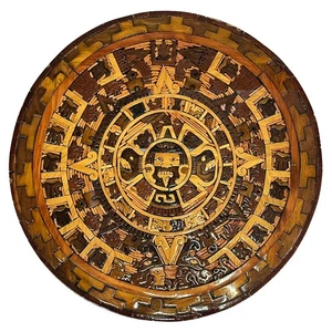 Calendario Maya Azteca Madera Maciza Incrustaciones Colgante de Pared 14.75” Arte Popular México - Imagen 1 de 8