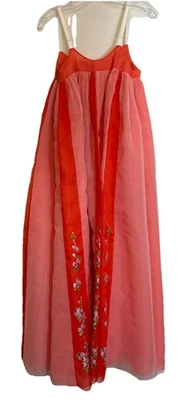Vestido De Colección Coreano Hanbok Chima Melocotón Coral Brillante Estampado Floral Fusión Asiática Foto 1 de 4