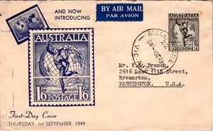 AUSTRALIA 1949 POSTAL CACHET FDC AIRMAIL COVER COMM ADDR USA CANC MELBOURNE - Picture 1 of 2