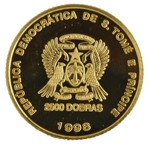 1998 Sao Tome and Principe 2500 Dobras 1/5th Oz .999 Gold Butterfly Proof Coin - Picture 1 of 2