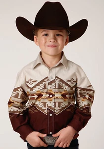 Roper Boys Kids Wine/Brown 100% Cotton Arizona Aztec Border L/S Shirt - Picture 1 of 4