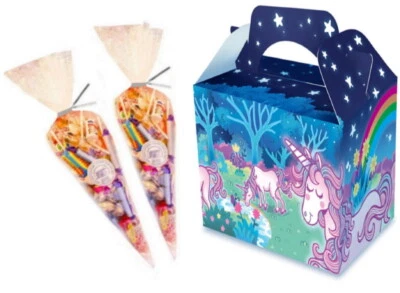 Cajas mágicas de comida para fiesta de unicornio con cono transparente bolsas de botín dulce y corbata Foto 1 de 3