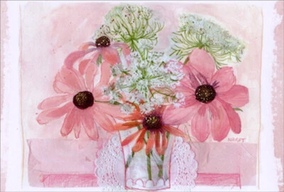 Tarjeta de cumpleaños femenina para ella/mujer Imagen cuatro flores rosas en florero transparente Foto 1 de 2