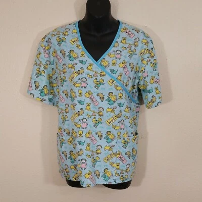 Southern Scrubs Women Scrub Top Medium Blue Woof Dog Mock Wrap Vet Nurse Doctor - Image 1 of 4